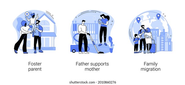 Family Life Abstract Concept Vector Illustration Set. Foster Parent, Father Supports Mother, Family Migration, Adopted Child, Tired Mom, Immigration Program, Together At Home Abstract Metaphor.