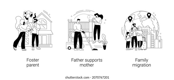 Family Life Abstract Concept Vector Illustration Set. Foster Parent, Father Supports Mother, Family Migration, Adopted Child, Tired Mom, Immigration Program, Together At Home Abstract Metaphor.