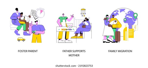 Family Life Abstract Concept Vector Illustration Set. Foster Parent, Father Supports Mother, Family Migration, Adopted Child, Tired Mom, Immigration Program, Together At Home Abstract Metaphor.