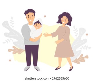 Family life concept. Happy husband holds a smiling newborn son in his arms. A lovely woman-wife stands next to him. Vector illustration. Light-skinned family with toddler boy