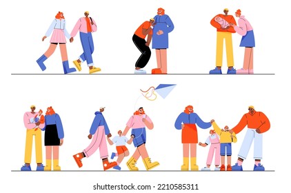 Family life cycle flat vector illustration. Happy young man and woman in love dating, married couple expecting baby, raising, taking care of children. Parents enjoying time together with kids, smiling