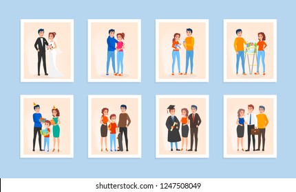 Family life cycle set. Couple in love, marriage, pregnancy and newborn baby. Generation and age concept. Isolated vector illustration in cartoon style