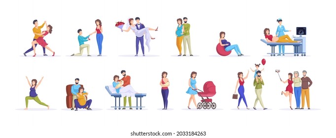 Family life cycle set. Happy man and woman dating, engagement, married, pregnancy, childbirth, parenting and getting old. People having different periods from youthful to elderly cartoon vector