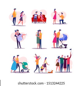 Family Life Cycle Set. Man And Woman Dating, Couple Getting Married, Having Baby, Walking With Children, Getting Old. People Concept. Vector Illustration Posters, Presentation Slides, Web Design