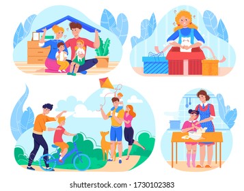 Family life daily lifestyle and activities flat isolated vector illustration set, parents with children in park, opening gift boxes, cooking together. Happy family parenthood couples with kids scenes.