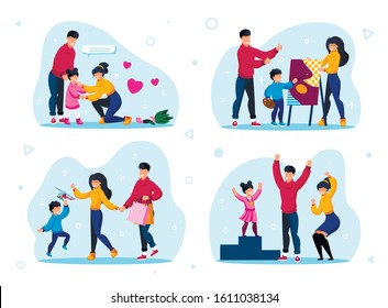 Family Life Daily Routines and Activities Types Trendy Flat Vector Set. Parents Calming Down Crying Daughter, Visiting Drawing Lessons, Buying Toys, Celebrating Kids Achievement Isolated Illustrations