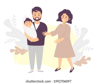 Family life and emotions concept. A sad man holds a crying baby in his arms. Nearby, woman smiles and comforts. Vector illustration. Light-skinned family with newborn son, stressful situation