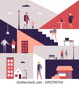 Family life - flat design style illustration. Cute characters at home, at work, walking on the street with a kid. Children going from school. Social theme