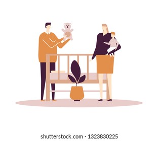 Family life - flat design style colorful illustration on white background. A composition with wife and husband at the crib. Young mother holding a baby in her hands, father showing a teddy bear