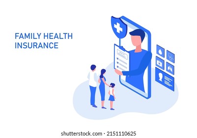 Family life and health insurance concept, family buy insurance to protect family vector illustration. Heath care, insurance and  medical concept