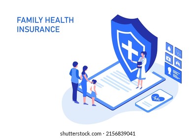 Family life and health insurance concept, family buy insurance to protect family vector illustration. Heath care, insurance and  