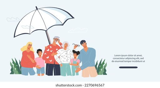 Plantilla de banner del sitio web del seguro de vida y salud de la familia. Parodia de la interfaz web para la vida y seguro médico para la familia, ilustración de vector plano.