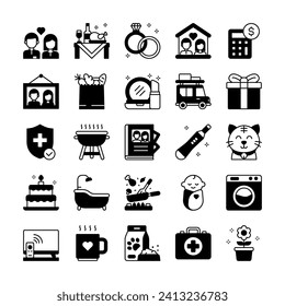 Family life and home daily activity icon set in solid glyph style