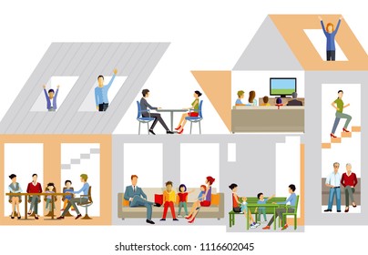 Family life in the house, illustration