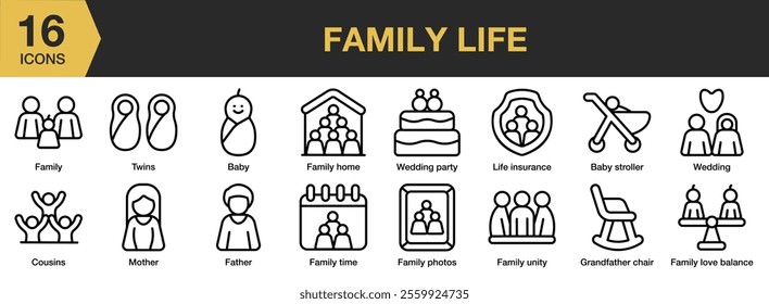 Family Life icon set. Includes family, father, care, mother, home, parent, and More. Outline icons vector collection.