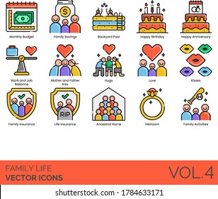 Family life icons including monthly budget, savings, backyard pool, happy birthday, anniversary, work and job balance, mother and father kiss, hug, love, insurance, ancestral home, heirloom, activity.
