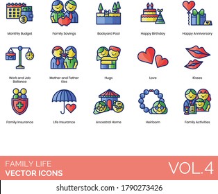 Family life icons including monthly budget, savings, backyard pool, happy birthday, anniversary, work and job balance, mother and father kiss, hug, love, insurance, ancestral home, heirloom, activity.