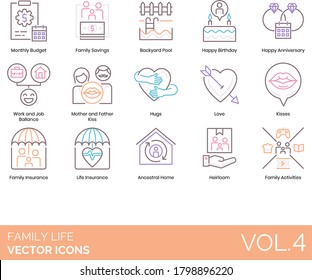 Family life icons including monthly budget, savings, backyard pool, happy birthday, anniversary, work and job balance, mother and father kiss, hug, love, insurance, ancestral home, heirloom, activity.