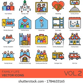 Family life icons including two fathers, tree, portrait, wedding, dinner, discount, home, house key, bunk bed, chores schedule, vacation, excursion, business, restaurant, store, dog, cat, campervan.