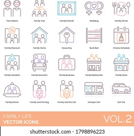 Family life icons including two fathers, tree, portrait, wedding, dinner, discount, home, house key, bunk bed, chores, vacation, excursion, business, restaurant, store, dog, cat, campervan, SUV car.