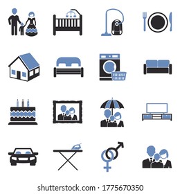 Family Life Icons. Two Tone Flat Design. Vector Illustration.