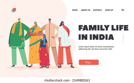 Family Life in India Landing Page Template. Indian Family Wear Traditional Clothes. Smiling Male Female Characters Parents, Grandparents and Kids Wear Sari or Kurt. Cartoon People Vector Illustration