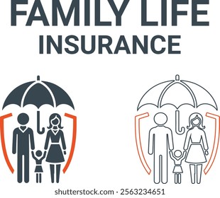 Family life insurance and assurance icon set. Containing healthcare medical, life, car, home, travel insurance icons. Solid icons vector collection.
