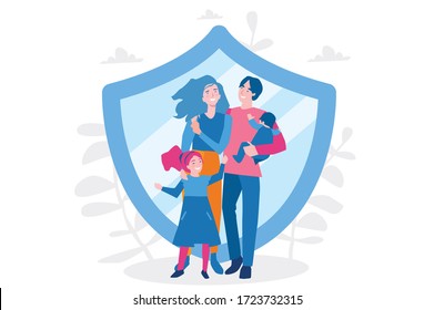 Family life insurance, Big family near 
shield.  Vector illustration for web banner, infographics, mobile. Insurance concept