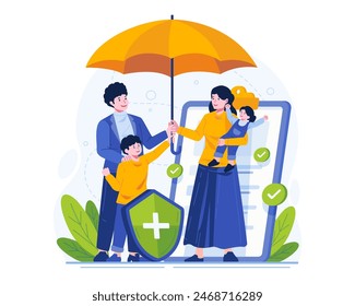 In: Family Life Insurance Concept Illustration. Eine glückliche Familie, die gemeinsam unter einem Regenschirm steht und durch Versicherungen geschützt ist