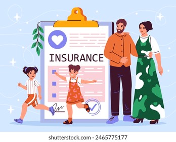 Concepto de seguro de vida familiar. Hombre y mujer con niños de pie junto a un documento gigante. Seguro de vida y propiedad. Acuerdo financiero. Ilustración vectorial plana sobre fondo azul