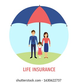 Family Life Insurance Concept Vector Illustration. People Are Standing Under Big Umbrella Flat Design.