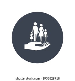 Family Life Insurance Icon. Hand Holds Family Symbol. Health Insurance. Circle Flat Button Vector.