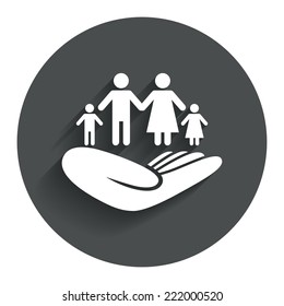 Family life insurance sign. Hand holds human group symbol. Health insurance. Circle flat button with shadow. Modern UI website navigation. Vector