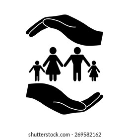 Family life insurance sign. Hands holds human group symbol.