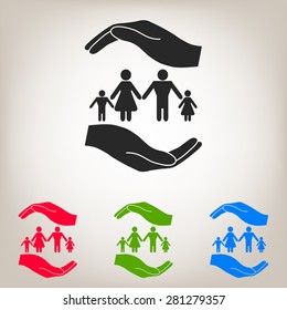 Family life insurance sign. Hands holds human group symbol.