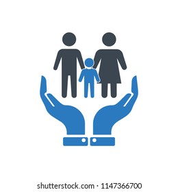 Family life insurance sign icon - Hands protect human - Vector blue