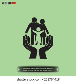 Family life insurance sign icon. Hands protect human. Vector