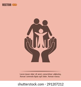 Family life insurance sign icon. Hands protect human. Vector