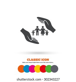 Family life insurance sign icon. Hands protect human group symbol. Health insurance. Classic flat icon. Colored circles. Vector