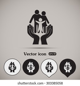 Family life insurance sign icon. Hands protect human. Vector