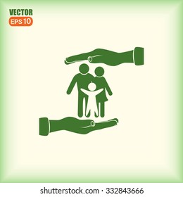 Family life insurance sign icon. Hands protect human. Vector