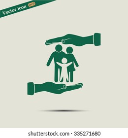 Family life insurance sign icon. Hands protect human. Vector