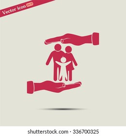 Family life insurance sign icon. Hands protect human. Vector