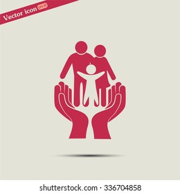 Family life insurance sign icon. Hands protect human. Vector