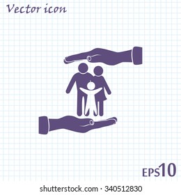 Family life insurance sign icon. Hands protect human. Vector