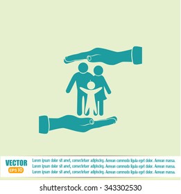 Family life insurance sign icon. Hands protect human. Vector