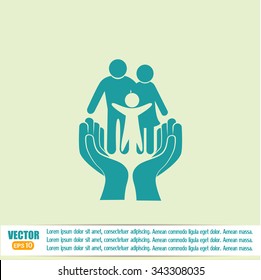 Family life insurance sign icon. Hands protect human. Vector