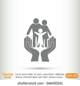 Family life insurance sign icon. Hands protect human. Vector