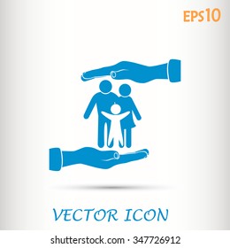 Family life insurance sign icon. Hands protect human. Vector
