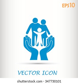 Family life insurance sign icon. Hands protect human. Vector